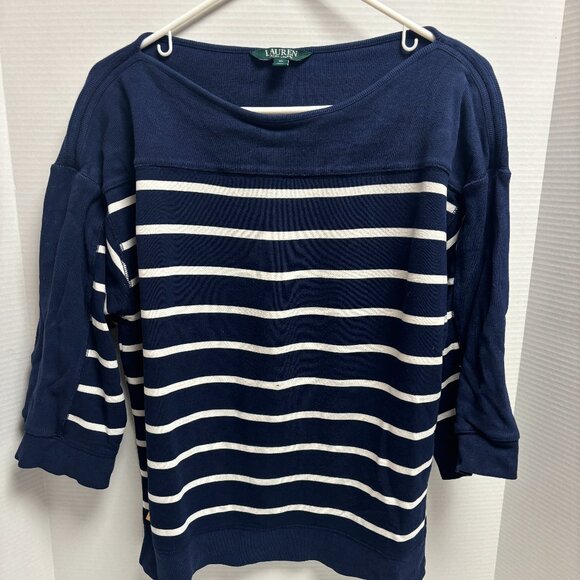 Lauren Ralph Lauren Sweaters - LRL Navy Blue Striped Viscose Blend Boat Neck Jersey Tunic - 1483